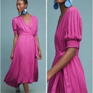 Anthropologie MAEVE Breanna Wrap Midi Dress Women's Magenta Size 14 Short Sleeve